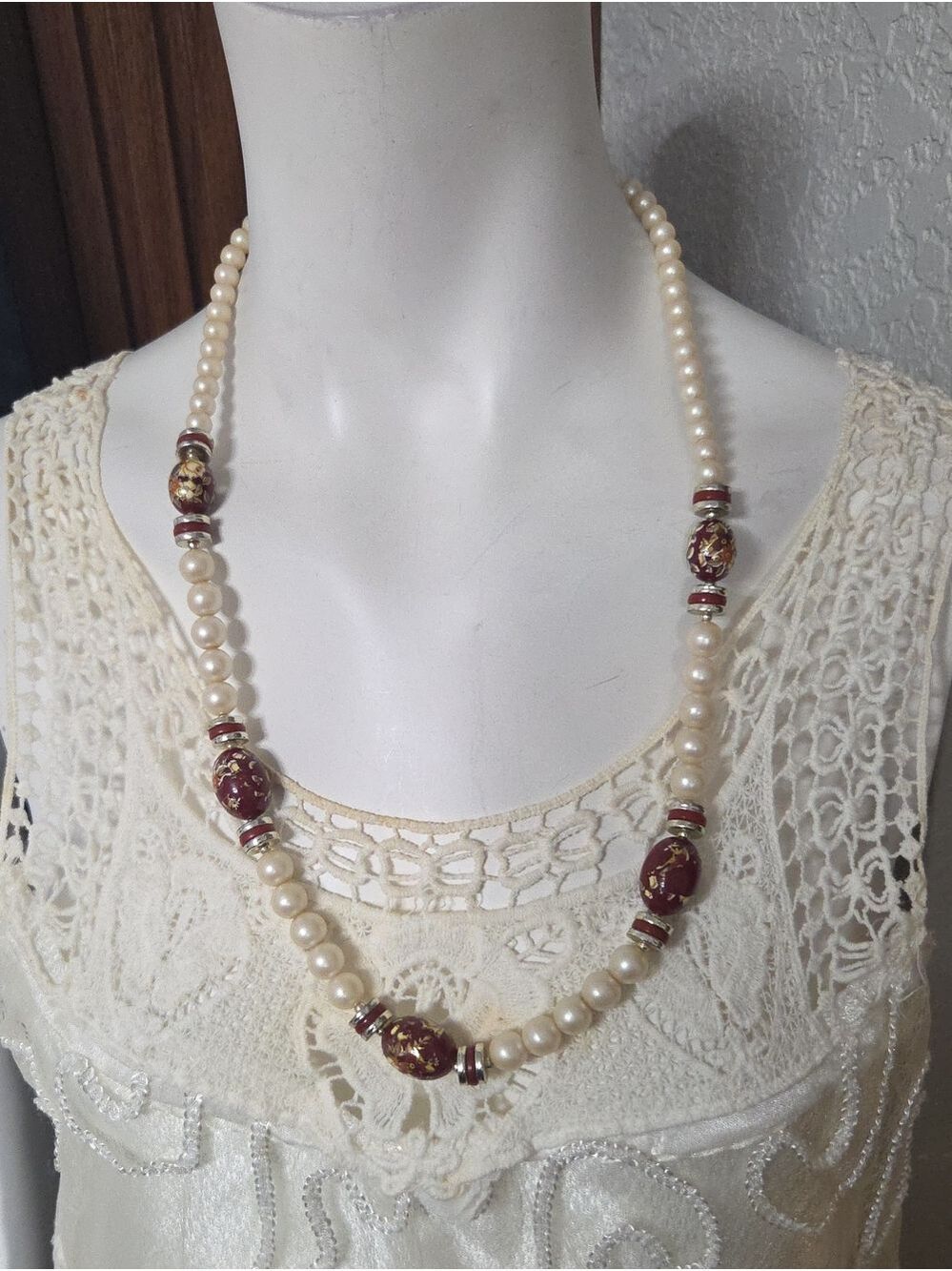 Pearl Necklace with Red and Gold Bead Accents